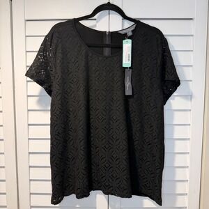 Market & Spruce Black Crochet‎ Front Top Short Sleeve Zipper Back XXL Women New